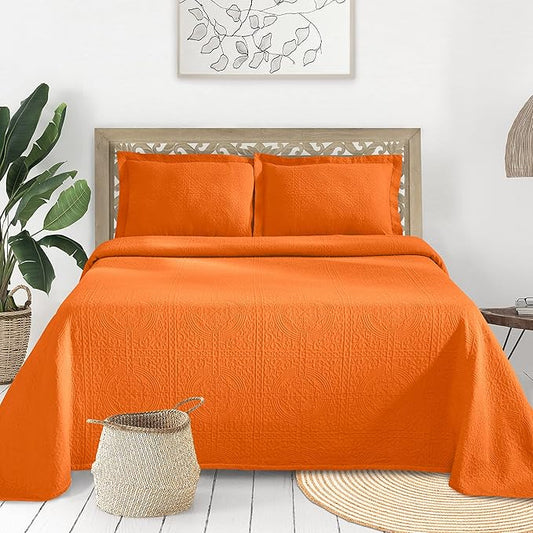 Superior Cotton Fleur De Lis Bedspread Set, Warm Blankets, All-Season Bedding, Bedroom Decor, Decorative Boho Medallion Coverlet, Includes 1 Bedspread, 1 Pillow Sham, Twin, Mandarin