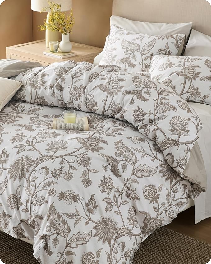 Bedsure 100% Cotton Reversible Floral Duvet Cover King Size - Entwined Vines Pattern Printed Comforter Cover with Zipper Closure & 2 Pillow Shams, Comforter Sold Separately (Linen Vines, 104"x90")