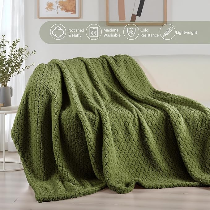 Exclusivo Mezcla King Size Fleece Blanket for Bed, Extra Soft Warm Decorative Fuzzy Blanket for Women, Lightweight Cozy Bedding Blankets, 90x104 Inches, Olive Green