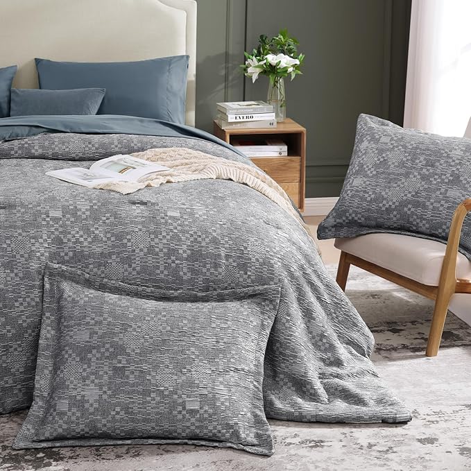 MaiRêve Queen Comforter Set Navy Blue, Crinkle Textured Design Bedding Set 7 Pieces Bed in A Bag, All Season Farmhouse Comforter Set with Sheets, Pillowcases & Shams