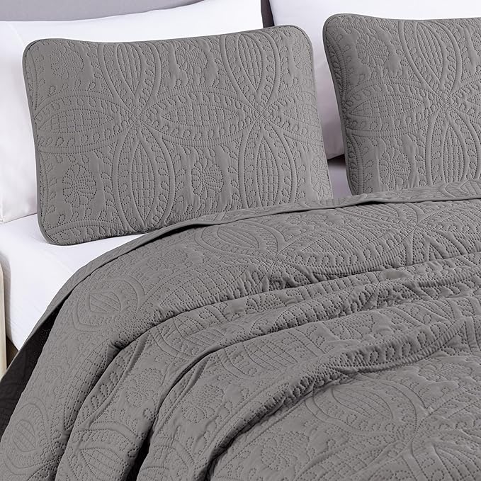 Chezmoi Collection Austin 3-Piece Oversized Bedspread Coverlet Set (Queen, Gray)