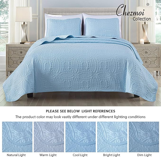 Chezmoi Collection Austin 3-Piece Oversized Bedspread Coverlet Set (King, Chambray Blue)