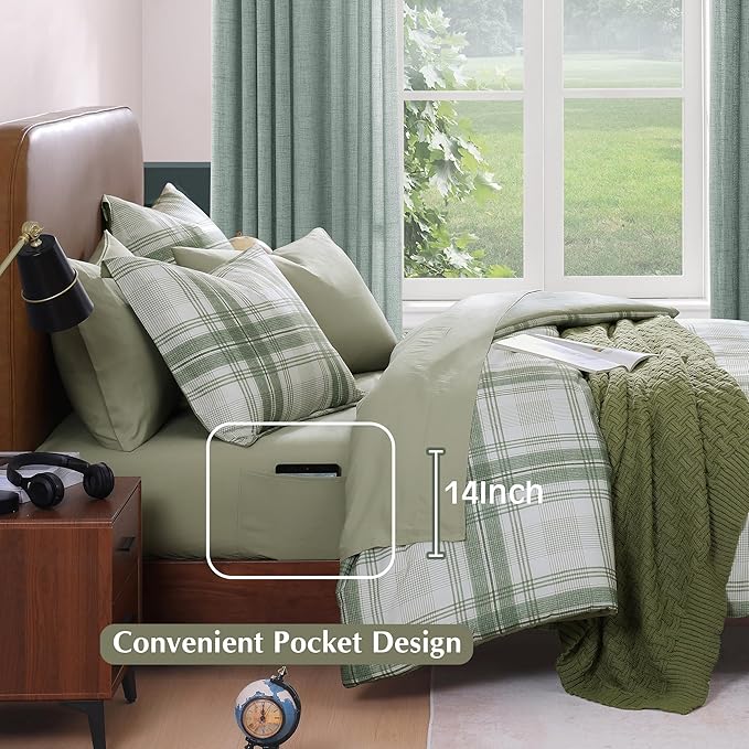 Full Size Comforter Sets, Green Plaid Bedding Set 7 Piece for Boys Girls Teen, Classic Homestead-Style Kids Comforter Set Bed in A Bag with Sheets, Pillowcases & Shams