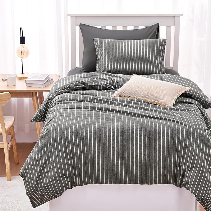 Wake In Cloud - Striped Cotton Duvet Cover Set, Ticking Stripe Vertical Pinstripe Farmhouse, 100% Washed Cotton Textured Percale Bedding Set, 3 Pieces, Gray, Twin Size