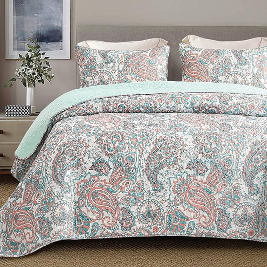 Exclusivo Mezcla Reversible Boho Quilts Queen Size, Aqua Bedspreads Lightweight Coverlet All Season Paisley Quilt Bedding Set with Printed Floral Pattern (1 Quilt, 2 Pillow Shams)