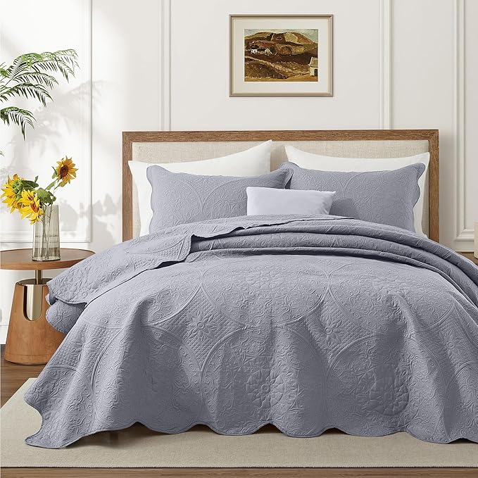 IR Imperial Rooms 10 Pack Queen Quilt Bedding Set (90" x 96") - Bulk Wholesale for Hotels, Guest Bedroom & Airbnbs - Lightweight Microfiber Reversible Floral Embossed Quilts Bedspreads (Silver)