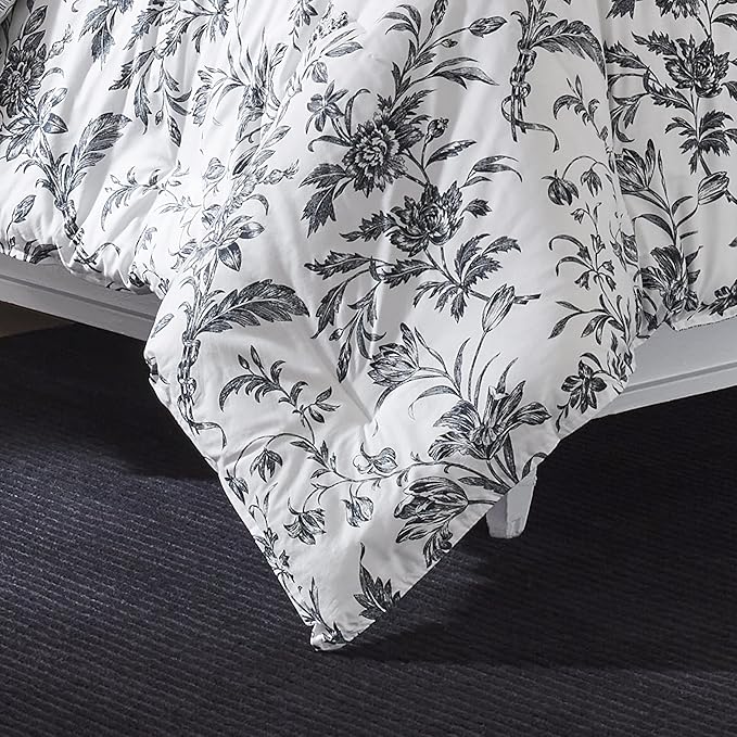 Laura Ashley - King Comforter Set, Reversible Cotton Bedding, Includes Matching Shams with Bonus Euro Shams & Throw Pillows (Amberley Black/White, King)