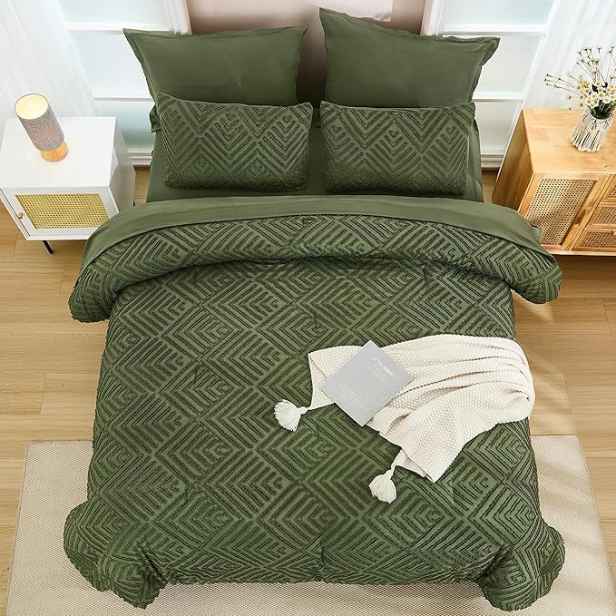 Andency Queen Comforter Set Olive Green - 7 Pieces Bed in a Bag Queen Boho Olive Green Bedding Comforter Sets, Tufted Bed Set with Comforter, Sheets, Pillowcases & Shams