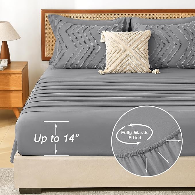 Litanika California King Size Comforter Set with Sheets Medium Gray - 7 Pieces Bed in a Bag Cal King Chevron Tufted Complete Bedding Sets with Comforter, Sheets, Pillowcases & Shams