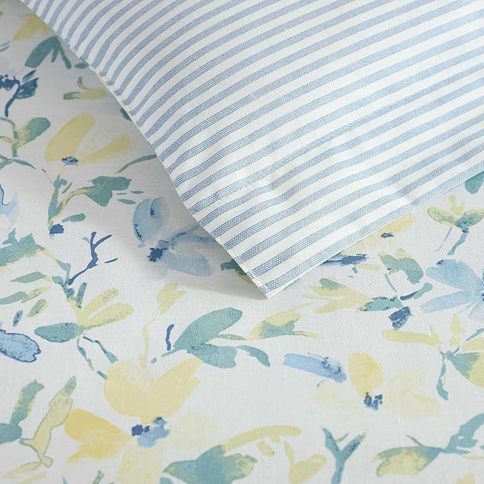 Laura Ashley - Queen Comforter Set, Soft Cotton Blend Bedding with Medium Weight Feel, Reversible Bedding with Matching Pillowscases, Bonus Euro Shams & Throw Pillows, 7 Piece Bed Set (Nora Blue)
