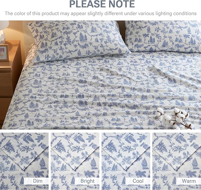 True North by Sleep Philosophy Cotton Sheet Set Cozy Print 100% Cotton Flannel Sheets Bedding Set, Oversized Sheets, Deep Pocket Fits Up to 12" Mattress Full Bed Sheets Full Toile Pine Trees 4 Piece