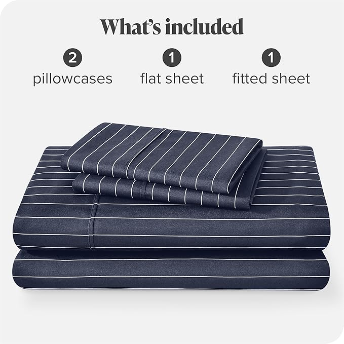 Bare Home Queen Sheet Set - Luxury 1800 Ultra-Soft Microfiber Double Brushed - Deep Pockets - Easy Fit - 4 Piece Set (Queen, Pinstripe - Midnight/White)