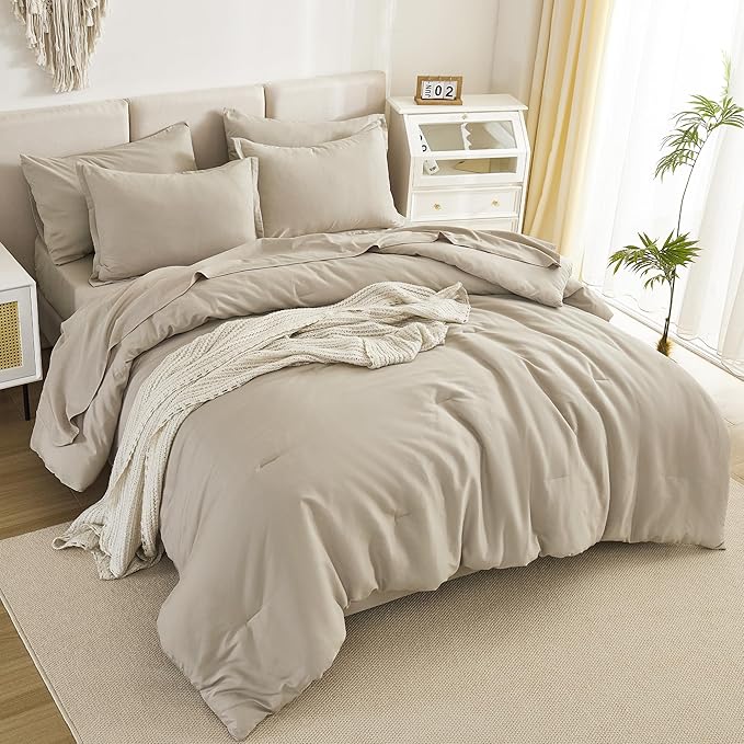 Litanika Comforter Full Size Sets Oatmeal - 7 Pieces Bed in a Bag Full Bedding Comforter Sets, Plain Lightweight Bed Set with Comforter, Sheets, Pillowcases & Shams