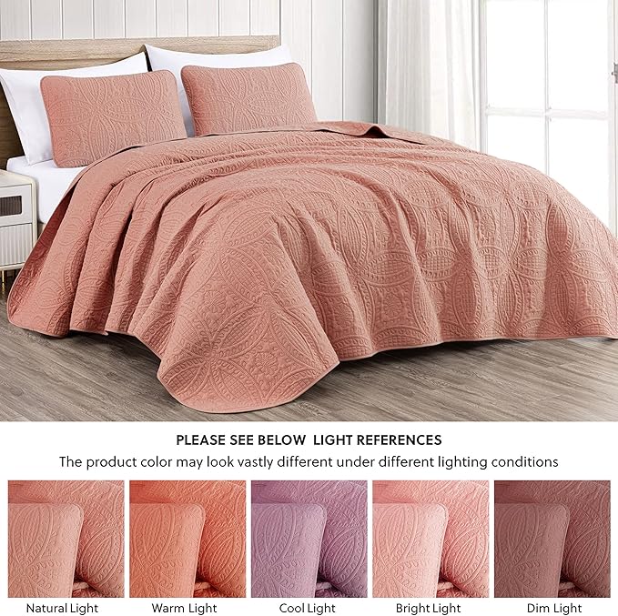Chezmoi Collection Austin 3-Piece Oversized Bedspread Coverlet Set (Queen, Salmon)