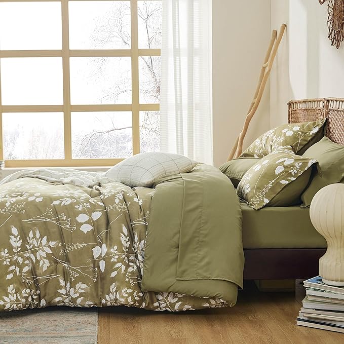 Bedsure King Size Comforter Set - 7 Pieces Floral Olive Green Soft Bedding Sets, King Bed in a Bag with Botanical Flowers Comforter, Sheets, Pillowcases & Shams