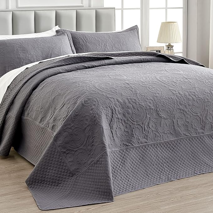 Qucover Oversized King Bedspreads 120x120, Paisley Pattern California King Bedspread Dark Grey, Soft Microfiber Ultrasonic Lightweight Oversized King Quilts Coverlet Bedding for All Seasons