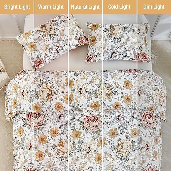 Lekesky King Duvet Cover Set, Reversible Vintage Flowers Print Comforter Cover King Size 3pc, Soft 100% Washed Microfiber Breathable Bedding Sets with Zipper Ties and 2 Pillowcases