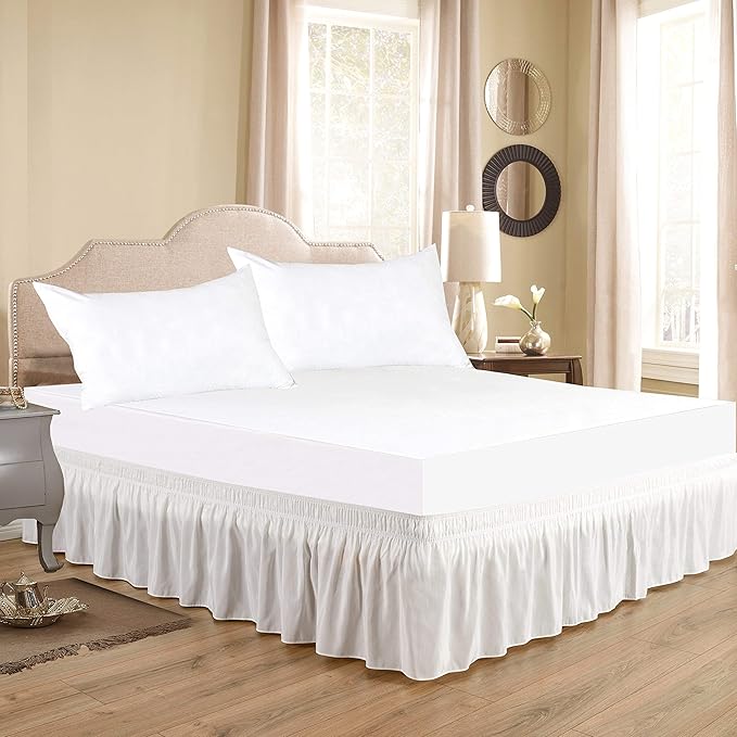 Bed Skirt Three Sides Fabric Adjustable Elastic Wrap Around Dust Ruffled Bed Skirts Twin, White, 16 Inch Tailored Drop