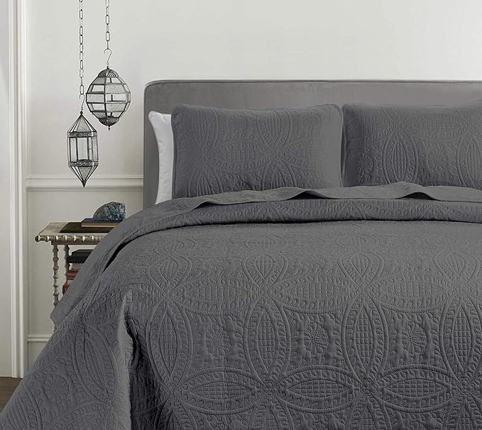 Chezmoi Collection Austin 3-Piece Oversized Bedspread Coverlet Set (King, Charcoal) (Pack of 6)