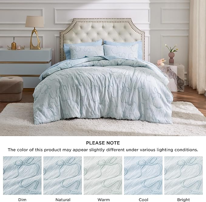 Bedsure Queen Comforter Set, GentleSoft™ 3 Pieces Bow Cute Bedding Blue Room Decor Aesthetic, Queen Bedding Sets Gifts for Her Women, 1 Bed Blue Comforter, 2 Pillow Shams, 90x90 Inches