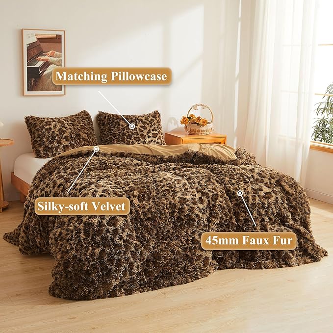 XeGe Cheetah Print Fluffy Faux Fur Duvet Cover Set, 3 Pieces Soft Plush Shaggy Fuzzy Bedding Set(1 Faux Fur Leopard Print Comforter Cover + 2 Furry Pillow Cases), Zipper Closure(King, Brown)