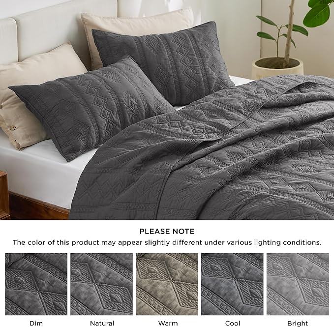 Bedsure 100% Cotton Quilt Set - Lightweight King Bedspread, Grey Cozy Bedding Coverlet 3-Piece with Pillow Shams in Geometric Pattern for All Season, 106x96 inches, 100% Cotton Voile