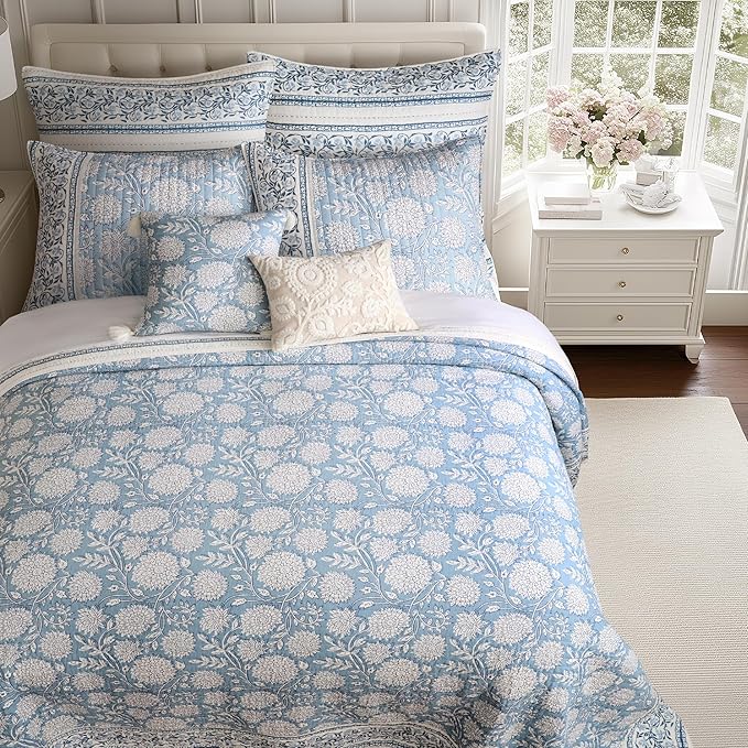 Levtex Home Adare Blue Reversible Full/Queen Quilt Set (88x92in) with 2 Pillow Shams (26x20in) - Floral Bedding - Blue White - Cotton Full/Queen Size Quilt Bedding Set - Lightweight, Soft, Pre-Washed