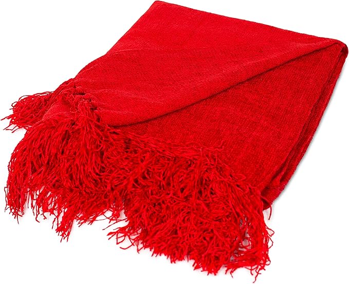 BIRDROCK HOME Chenille Throw Blankets - Red - Ultra Soft Couch Blanket with Fringe - Light Weight Sofa Throw - 100% Microfiber Polyester - Easy Travel - Bed - 50 x 60