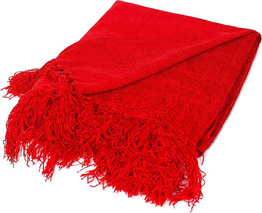 BIRDROCK HOME Chenille Throw Blankets - Red - Ultra Soft Couch Blanket with Fringe - Light Weight Sofa Throw - 100% Microfiber Polyester - Easy Travel - Bed - 50 x 60