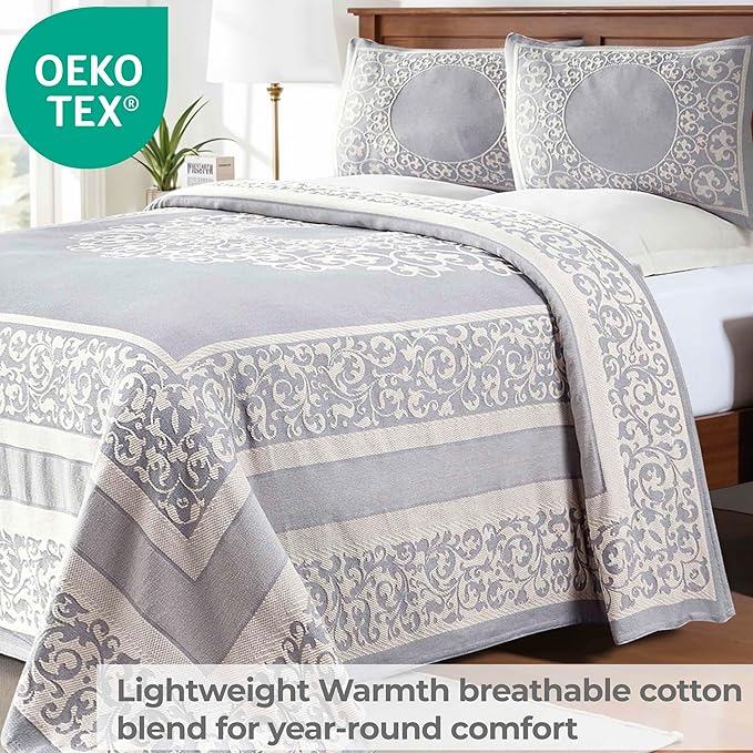 SUPERIOR Cotton Blend Bedspread Set, Includes Oversized Bedspread and 2 Matching Pillow Shams, Light Weight Blanket, Bedding Decor, Jacquard Vintage Floral Mandala, Lyron Collection - Full, Slate Blue