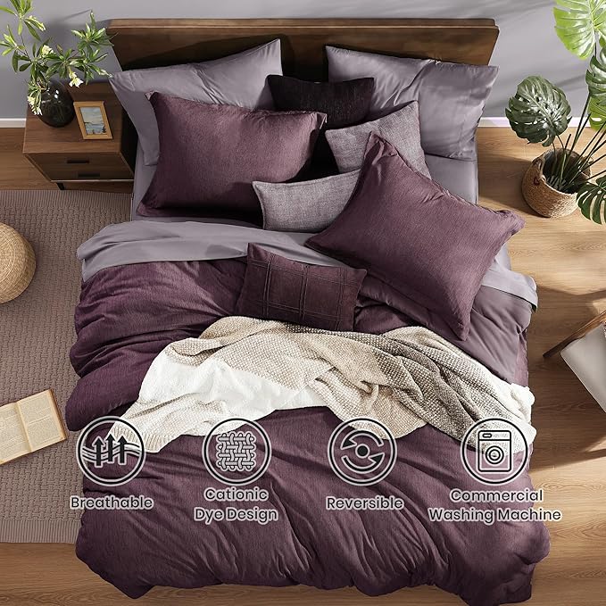 Monbix Super King Size Comforter Set, Italian Plum Bedding Set Reversible, Comforter Set 7 Pieces, Cationic Dyeing Bed in a Bag with Comforter, Sheets, Pillowcases & Shams