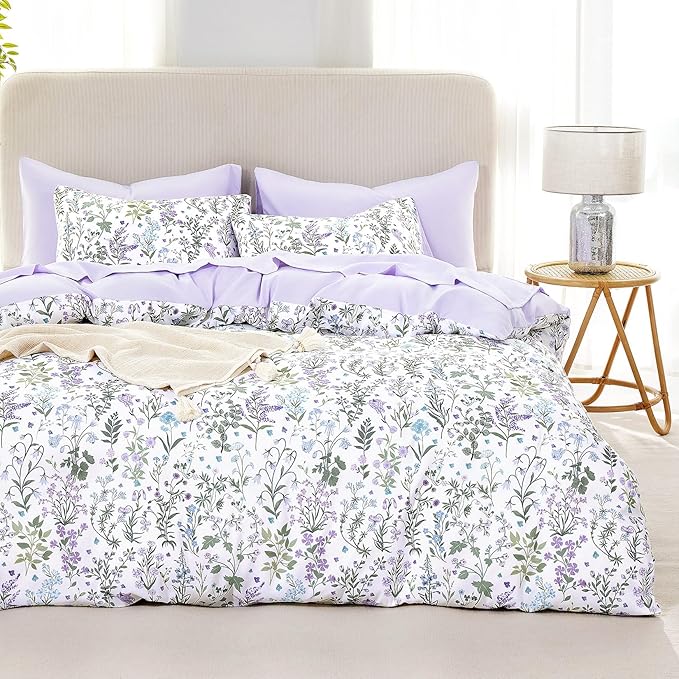 Wake In Cloud - Floral Duvet Cover Set, Shabby Chic Cottage Garden Botanical Flower Style with Elegant Wildflower Pattern, Soft Lightweight Bedding, 3 Pieces, Purple White, Queen Size