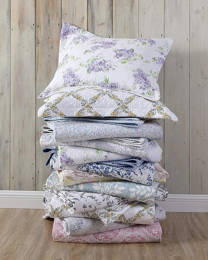 Laura Ashley - King Quilt Set, Soft & Reversible Cotton Floral Bedding with a Medium Weight Feel, 3 Piece Bed Set with Matching Pillowcases (Walled Garden Blue)