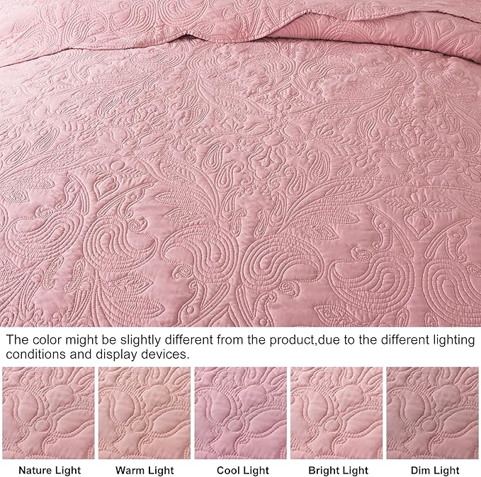 HoneiLife Queen Quilt Bedding Set - 3 Piece Microfiber Quilt Sets Lightweight Bedspreads Reversible Coverlets Rustic Bed Cover Floral Bedding Set All Season Quilts-Pink