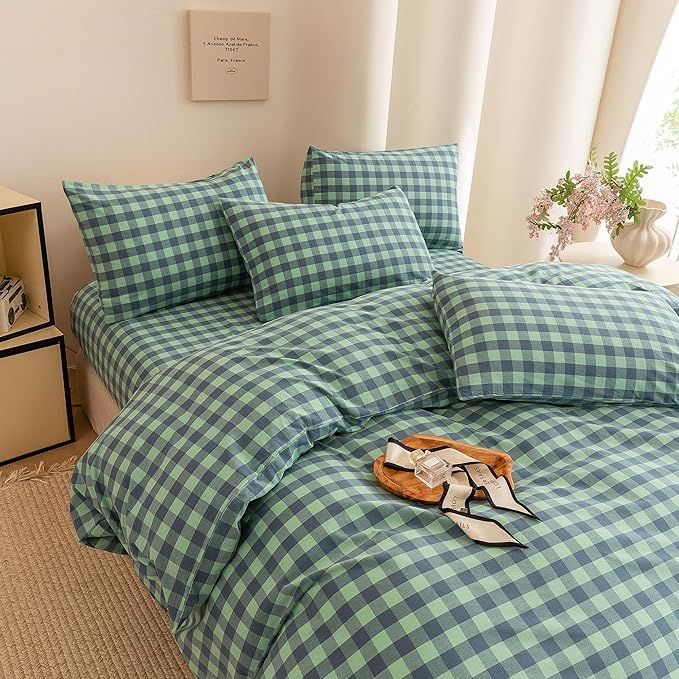 ECOCOTT Grid Plaid Duvet Cover Queen Size -100% Washed Cotton Linen Like Textured Breathable Durable Soft Comfy Bedding Set Mini Green Blue Plaid Comforter Cover