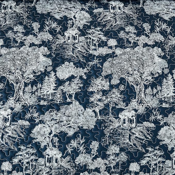 WONGS BEDDING Quilt Set King Size, 3 Pieces Navy Blue Botanical Floral Printed Bedspread Coverlet Set Soft Lightweight Toile Plants Bedding Set for All Season (104"x90")