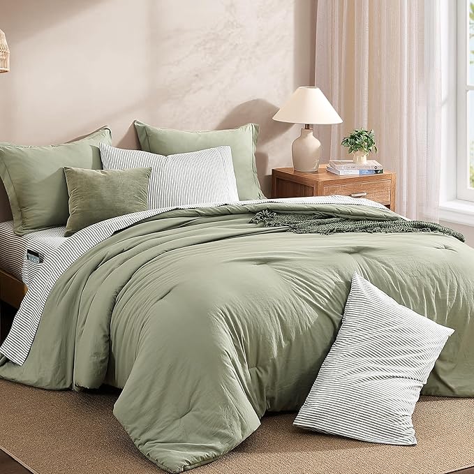 Monbix Queen Comforter Set - 7 Pieces Green Prewashed Bed in a Bag Queen Bedding Sets with Comforters, All Seasons Ultra Soft Comforter Bed Set with Sheets,Pillowcases & Shams