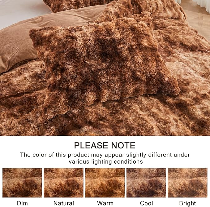 EMME Faux Fur Duvet Cover King Size, 3 Pieces Ultra Soft Fluffy Comforter Cover, Cozy Warm for Winter, Luxury Elegant Shaggy Bubble Design Bedding, 1 Duvet Cover & 2 Pillow Shams (King, Tie Dye Brown)