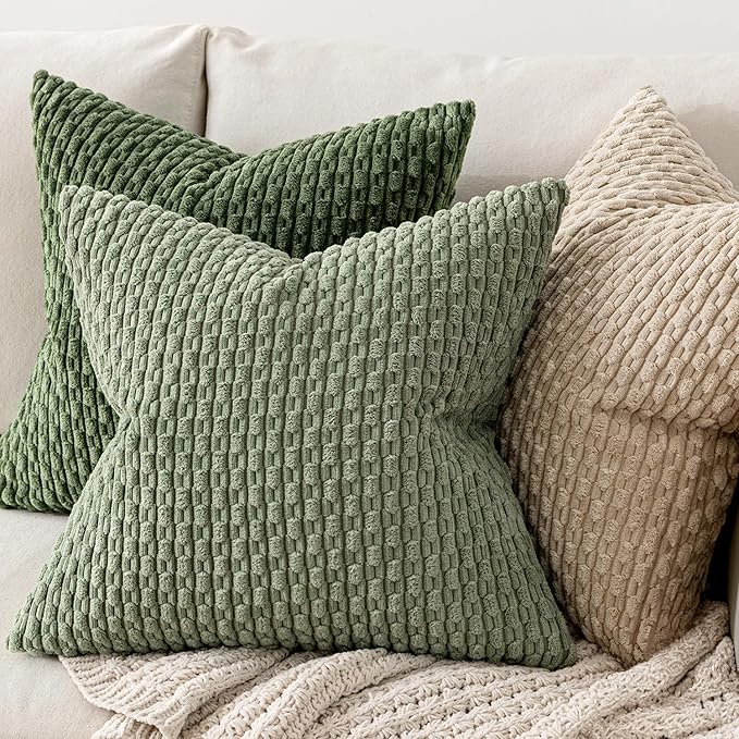 MIULEE Pack of 2 Decorative Throw Pillow Covers 26x26 Inch Soft Boho Striped Textured Corduroy Pillow Covers Spring Modern Farmhouse Home Decor for Couch Bed Sofa Living Room Sage Green