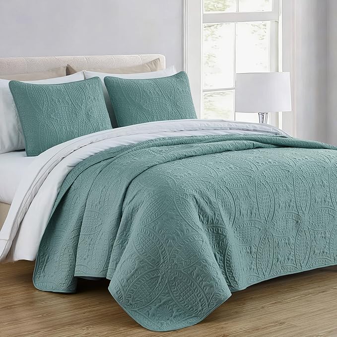 Chezmoi Collection Austin 3-Piece Oversized Bedspread Coverlet Set (Queen, Spa Blue)