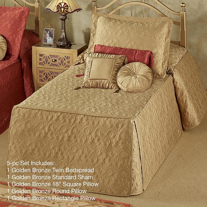 Cambridge Classic Luxury Bedding | Golden Bronze Solid Color Polyester Satin | Elaborate Damask Quilting | 5 Pc Bed Set: Twin Bedspread, Standard Sham, & 3 Decorative Pillows | Also Fits Twin XL Beds