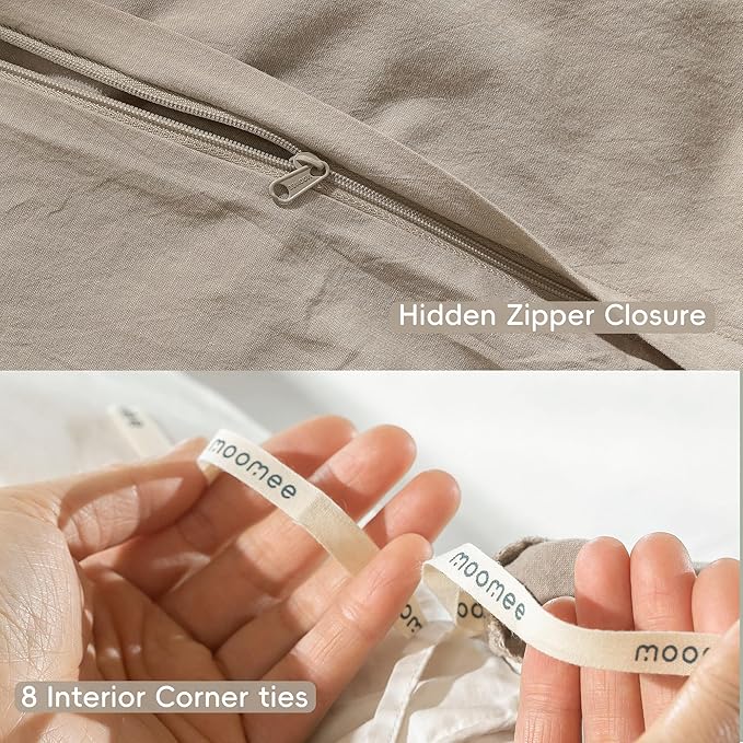 MooMee Bedding Duvet Cover Set 100% Washed Cotton Linen Like Textured Breathable Durable Soft Comfy (Heathered Tannish Linen Grey, Full 80"x90")