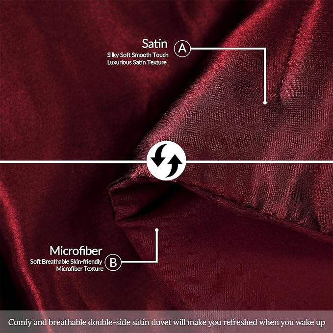 Whale Flotilla 3-Piece Reversible Silky Soft Queen Comforter Bedding Set, Luxurious Satin Comforters Full Size with 2 Satin Pillowcases, Lightweight Duvet for All Seasons, Red