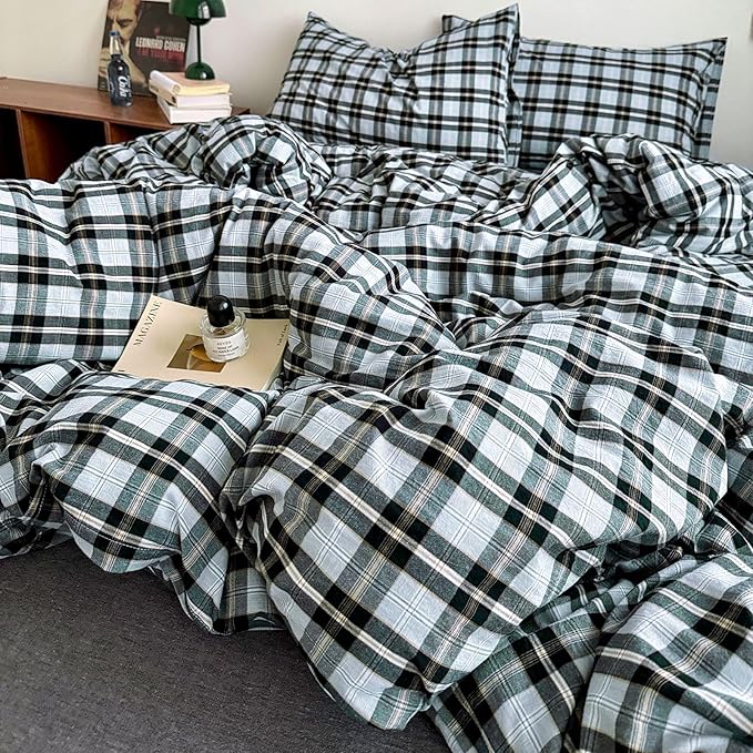 Grey Black Plaid Comforter Set Twin XL, 3 Pieces Modern Style Grid Comforter with 2 Pillowcases, Vintage Plaid Checkered Comforter for All Seasons, Soft Breathable Farmhouse Gingham Bedding Set