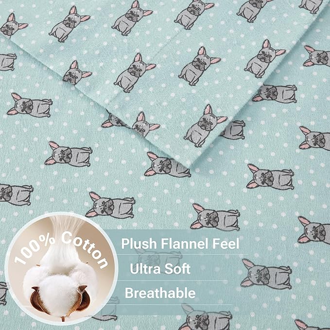 True North by Sleep Philosophy Cozy Flannel Warm 100% Cotton Sheet - Novelty Print Animals Stars Cute Ultra Soft Cold Weather Bedding Set, Cal King, Aqua French Bulldog 4 Piece