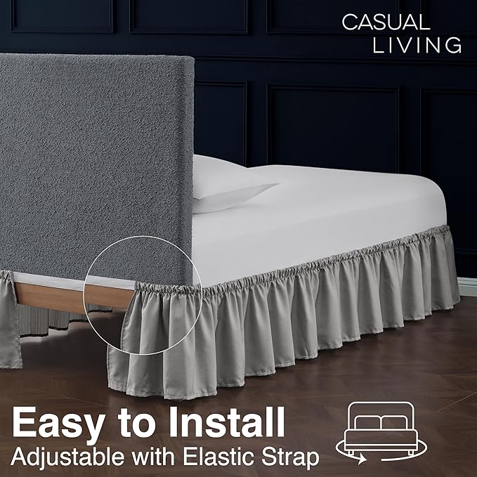 Casual Living Bed Skirt Wrap Around Ruffled Style Box Spring Cover Bed Skirts for Bedroom Decor Machine Washable Premium Bedding 15-Inch Drop Elastic Dust Ruffle, Twin/Twin XL, Grey
