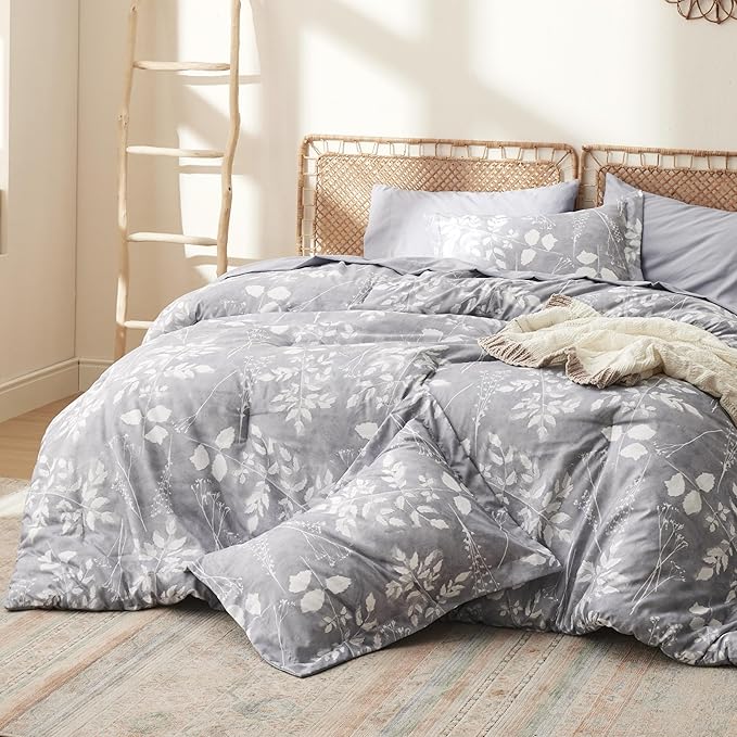 Bedsure Full Size Comforter Set - 7 Pieces Floral Grey Soft Bedding Sets, Full Bed in a Bag with Botanical Flowers Comforter, Sheets, Pillowcases & Shams