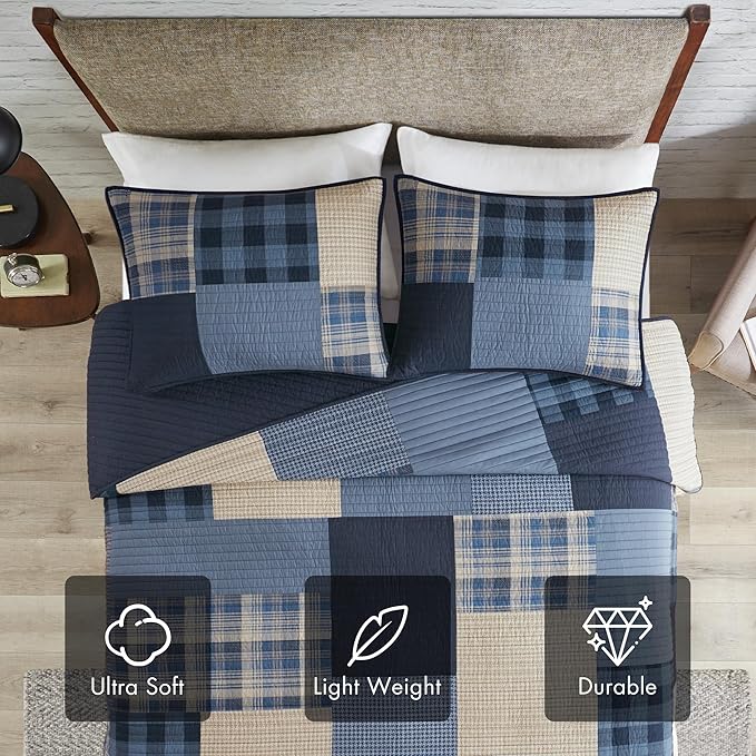 WOOLRICH Quilt Set Patchwork Channel Quilting, Cottage Coverlet for Twin Size Bed All Seasons, Lightweight Prewashed Cotton Coverlet Bedspread, Shams, Winter Hills,Oversized King/Cal King Blue 3 Piece