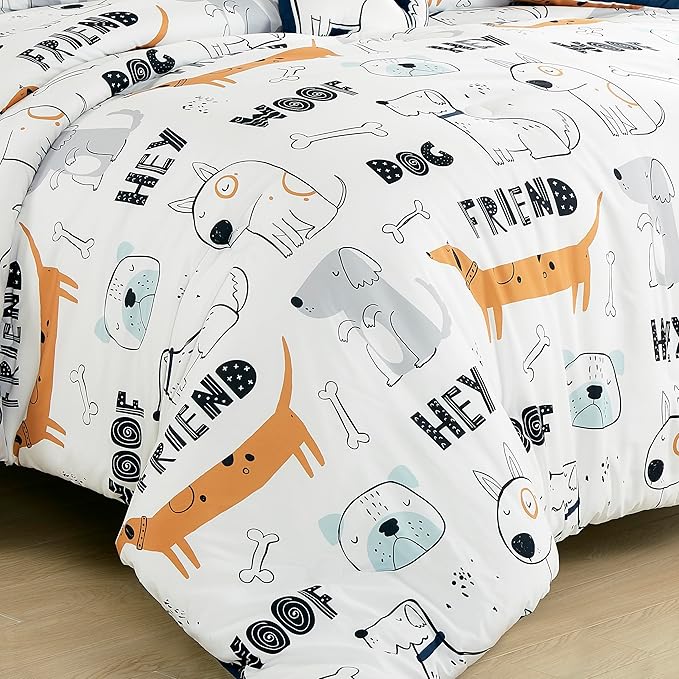 Chezmoi Collection 3-Piece Cartoon Dogs Kids Bedding Set Twin Size - Black White Brown Gray Soft Microfiber Comforter Set w/Dog Throw Pillow for Kids Teens