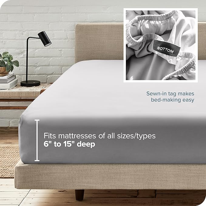 Bare Home Fitted Bottom Sheet Queen - Premium 1800 Microfiber - Ultra-Soft Wrinkle Free - Deep Pocket - Fitted Sheet (Queen, Light Grey)